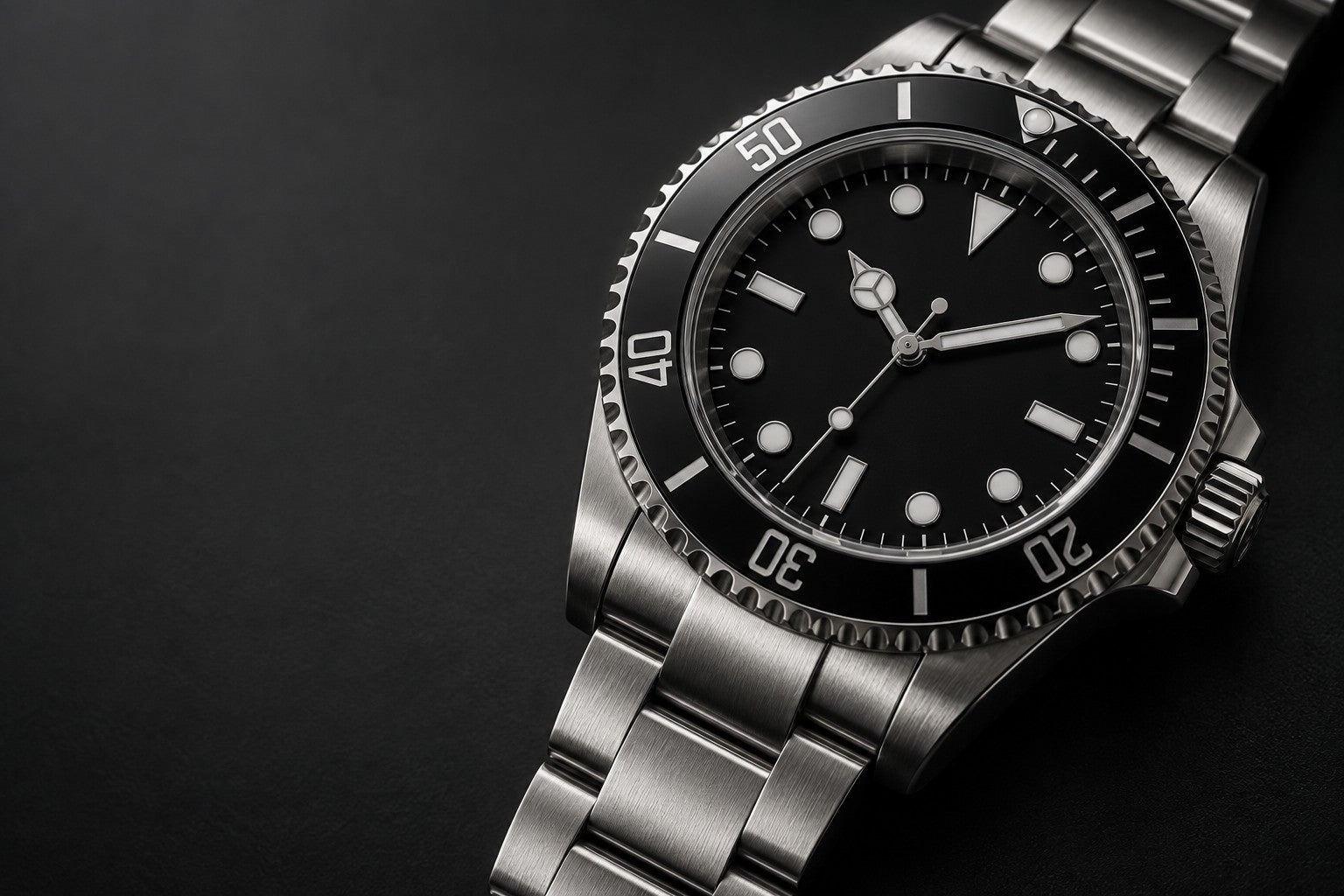 Macro detail of a steel watch against graphite